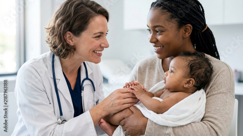 Doctor examines happy baby held by mother, pediatrician visit, healthcare