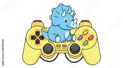 Cute blue triceratops sitting on yellow game controller.