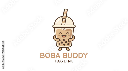 Cute boba tea character mascot logo for cafe branding