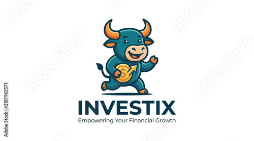 Cute bull mascot holding coin finance logo design.