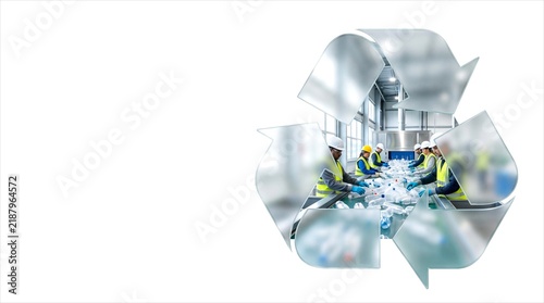 Conceptual Recycle Silhouette with Workers Sorting Plastics