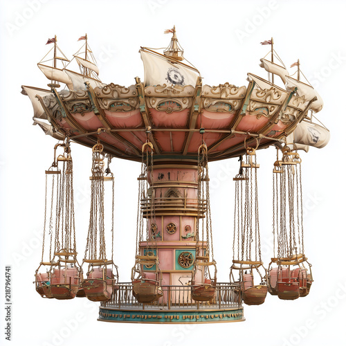 Chain Carousel Swing Attraction Ride Amusement Park Isolated on White Background
