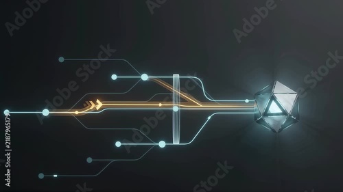 AI security system predicts a suspicious attack route and blocks it before it reaches a protected core, visualizing predictive cyber defense.