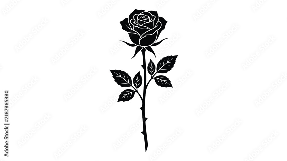Fototapeta premium Elegant black rose vector graphic illustration showing detailed petals and sharp thorns on long stem