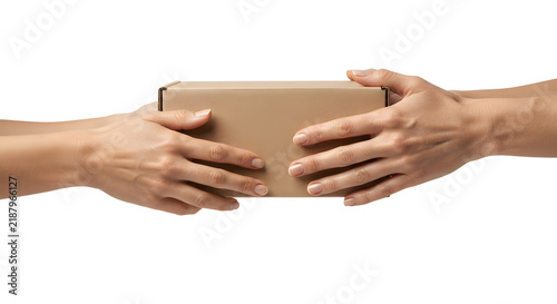 Konstfotografi Hands passing cardboard parcel box isolated on transparent background