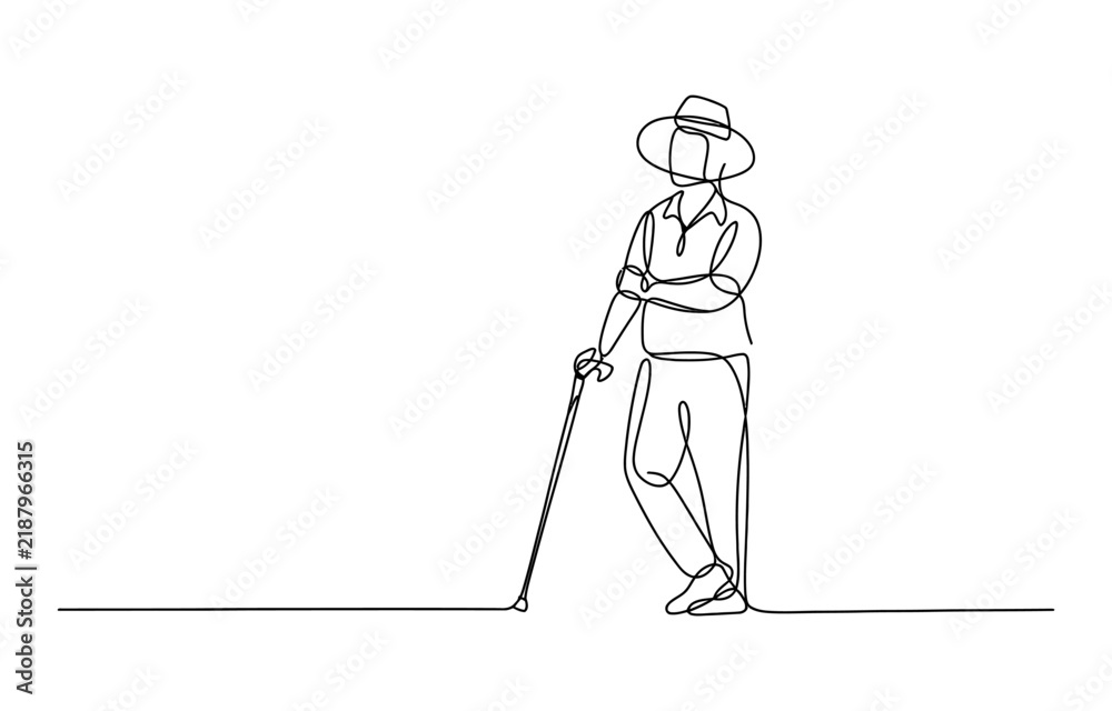 Fototapeta premium Continuous single line drawing of an old man standing with a walking cane wearing a hat