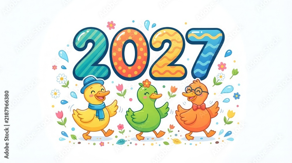 Fototapeta premium Celebrating the dawn of 2027 with joyful ducks colorful balloons and a festive atmosphere wishing everyone a year filled with happiness and success