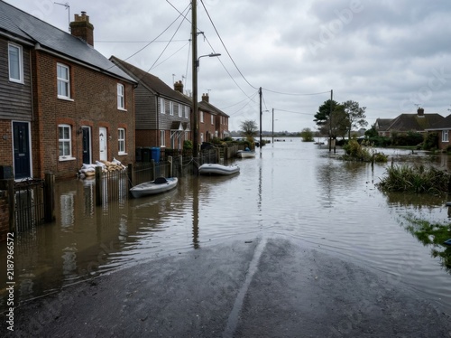 Flooded Street with Houses and Boats Under Overcast Sky