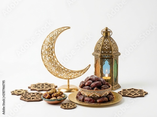 Golden Ramadan Lantern and Crescent Moon with Dates for Iftar Celebration