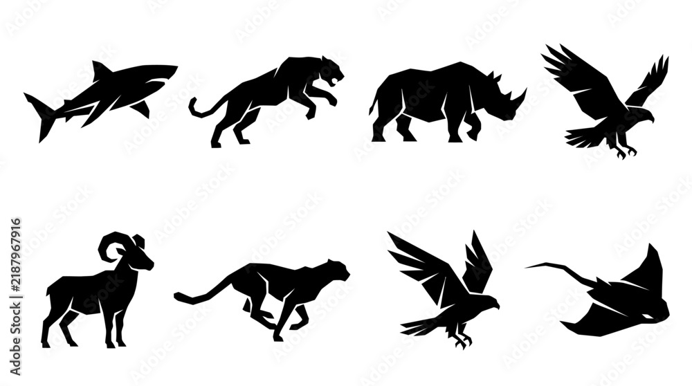 Obraz premium Set of black silhouettes of various wild animals and birds on a white background.