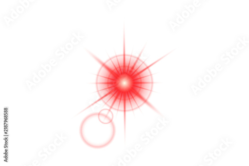Bright circular red starburst graphic with lens flare effect glowing star optical effect red light radial light star shape graphic element
