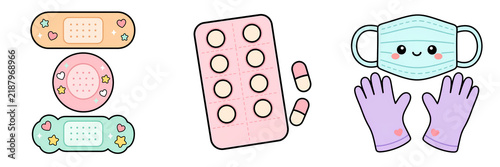 Medical mask, glove, bandage, pill, healthcare icon set with pastel colors and cute style