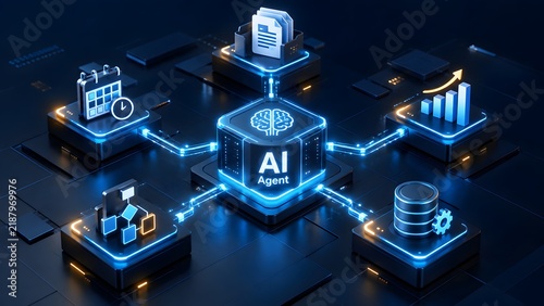 Obraz na płótnie Advanced artificial intelligence agent hub managing enterprise scheduling analytics and database workflows on an isometric glowing digital platform
