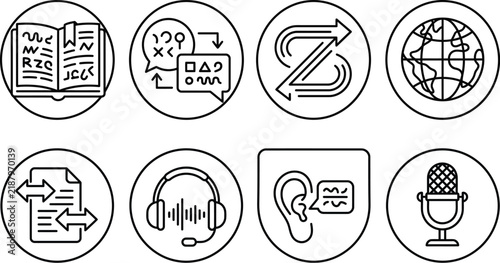 Language translation and interpretation icon set for global communication and business