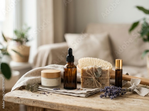 Natural Skincare Products With Lavender And Spa Elements Arranged On A Wooden Surface