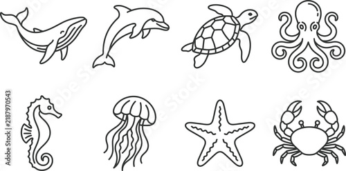 Set of hand drawn ocean animal vector icons for marine life design projects.