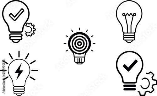 A hand drawn collection of light bulb icons symbolizing ideas innovation problem solving and achieving successful business goals