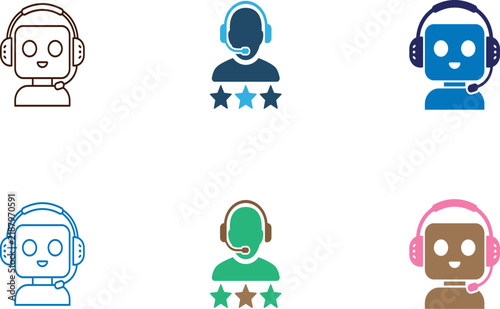A set of six vibrant vector icons showing a person with headphones for music audio and modern technology concepts