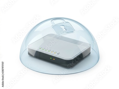 Secure Home Network Router Under Protective Dome with Lock Symbol