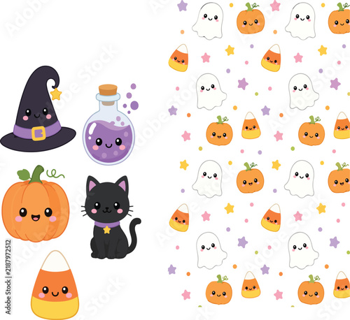 Cute Halloween seamless pattern and cute sticker set vector