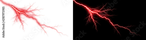 Storm strike of glowing red lightning branches crackling for overlay use in PNG, Transparent and Black Background Versions