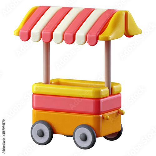 Vibrant yellow red and white striped toy food cart with awning and wheels