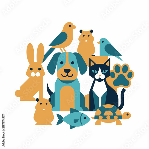 Flat illustration of diverse domestic pets and colorful animals.