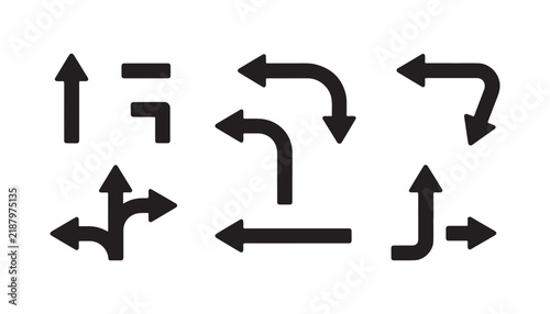 Black directional road signs and navigation arrows pack featuring various turns for mapping layouts.