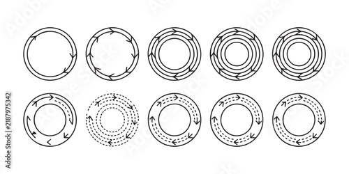 Dashed and solid circular arrow path collection for circular data flow or rotation indicator tasks.