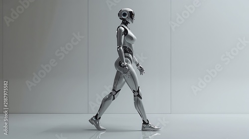 A futuristic silver robot woman walking in a room with a grey background