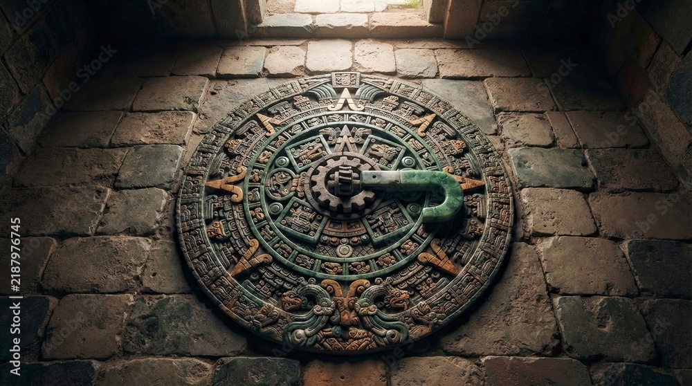 Obraz premium Ancient stone calendar mechanism in mysterious temple