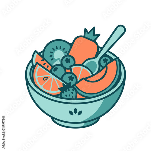 Bowl of mixed fruit salad with spoon.