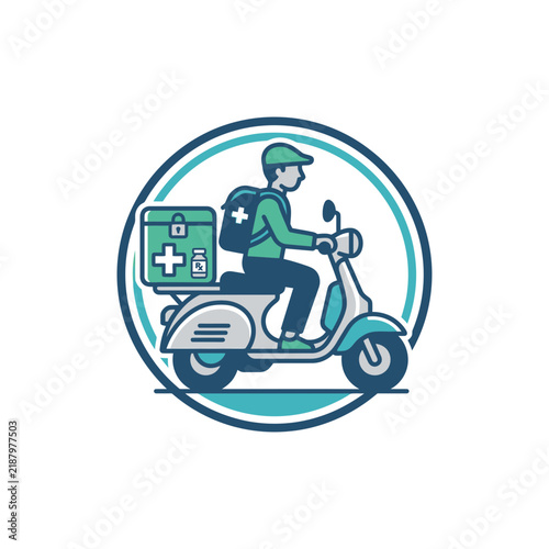 Medical courier riding blue scooter with first aid box.