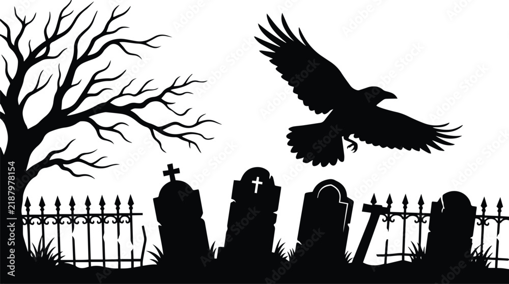 Fototapeta premium Spooky graveyard silhouette with flying black raven bare dead tree crooked fence and old tombstones on haunted dark scary halloween night
