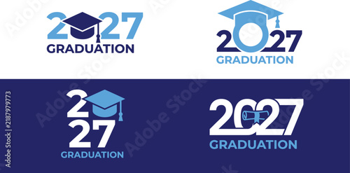 Graduation class of 2027 logo emblem set with academic mortarboard caps in blue and white colors