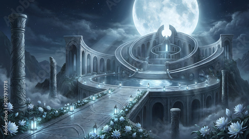 Ancient moonlit temple ruins with circular architecture and stone stairs.