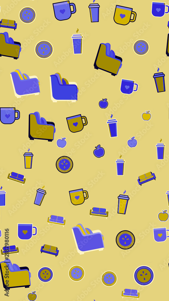 Fototapeta premium Seamless pattern of furniture, cups, and apples