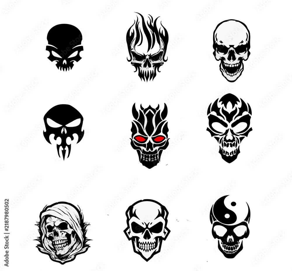 Fototapeta premium Tribal tattoo skull silhouettes set with flaming skull grim reaper hood and yin yang bones icons