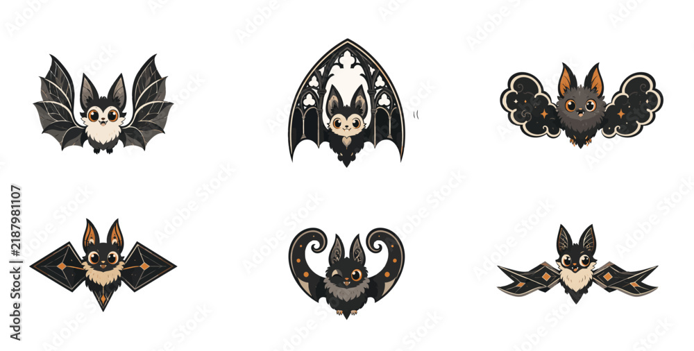 Fototapeta premium Gothic ornate bat emblems and cute cartoon bat icons set with decorative wings for halloween design