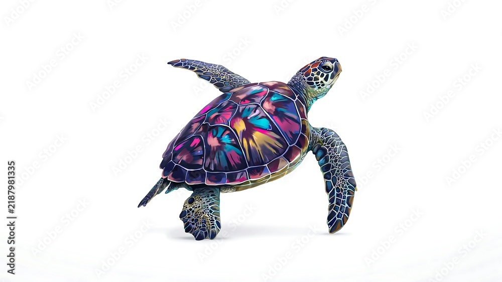 Fototapeta premium Colorful sea turtle swimming isolated on white background