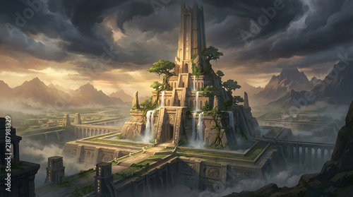 Ancient mystical stone temple with cascading waterfalls and lush greenery.