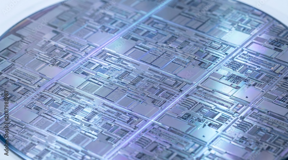 Fototapeta premium Silicon semiconductor wafer with glowing neon circuitry, intricate integrated circuits designed for GPU and CPU manufacturing, advanced microchip technology