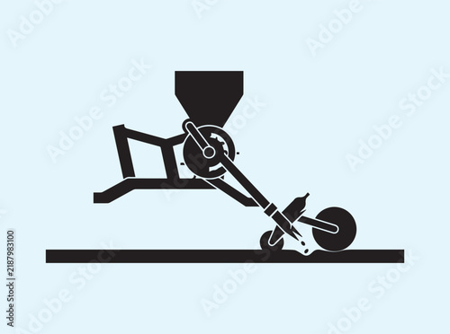 A geometric black silhouette of a seed planting tool with hopper and nozzle on white