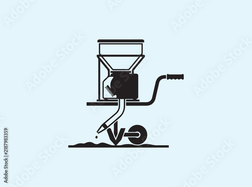Black silhouette of a seeding unit with hopper and nozzle in side profile on white background