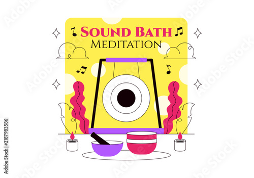 Sound Bath Meditation Vector Illustration Featuring Woman Relaxing With Singing Bowl, Gong, Musical Notes, Mindfulness, Wellness, and Inner Peace