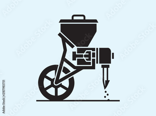 A minimalist black silhouette of a seeding unit with dispenser nozzle on a white backdrop