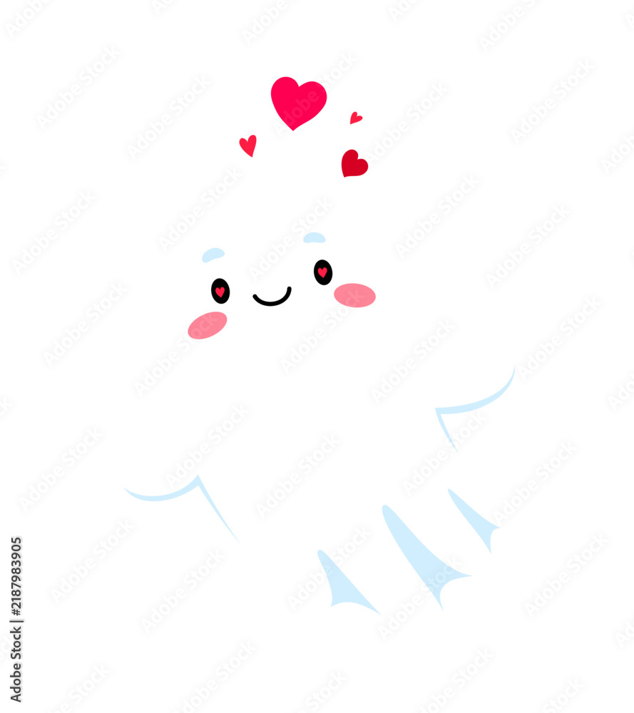 Fototapeta premium Cute kawaii ghost character with blushing cheeks and heart eyes. Funny vector personage with pink floating hearts for Halloween party and greeting card