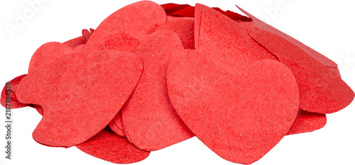 Konstfotografi Red heart shaped paper confetti pile isolated on transparent background valentin