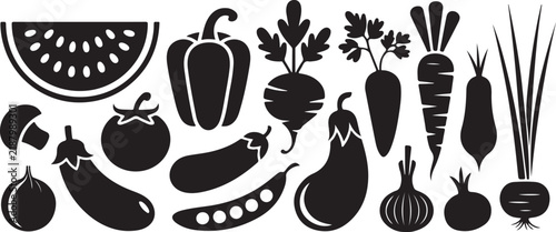 Black Vegetable Silhouettes Vector Illustration Set on White Background