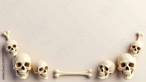 Minimalist human skull border on beige background. Spooky Halloween frame with realistic skulls and bones. Creepy anatomical skeleton decor.